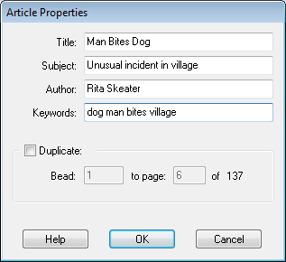 Article Properties dialogue box