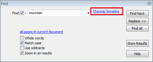 Infix Find Character Formatting dialogue box
