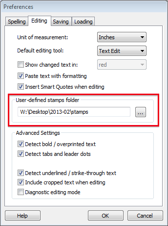 Infix Preferences Stamps folder dialogue box