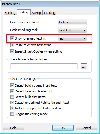 Preferences Show Changed Text options