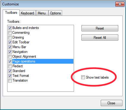Customize - Show Text Labels options 